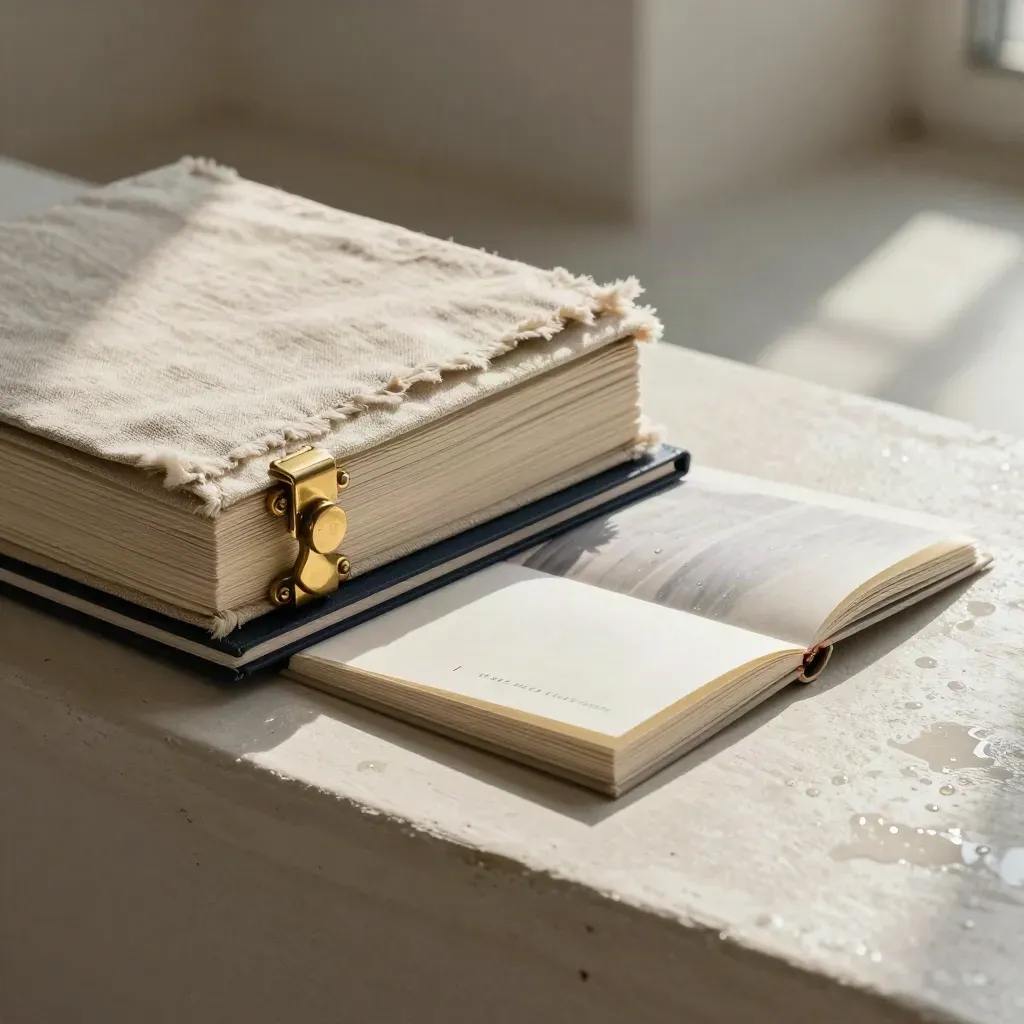 Portfolio folders, case-study booklet and cream cards on pale plaster in cinematic rain light.