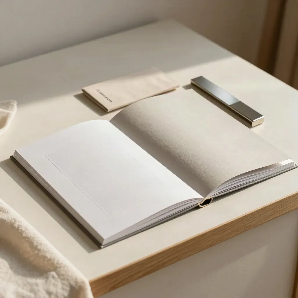 Open bio booklet, portrait card and reference folder on a plaster plinth in soft daylight.