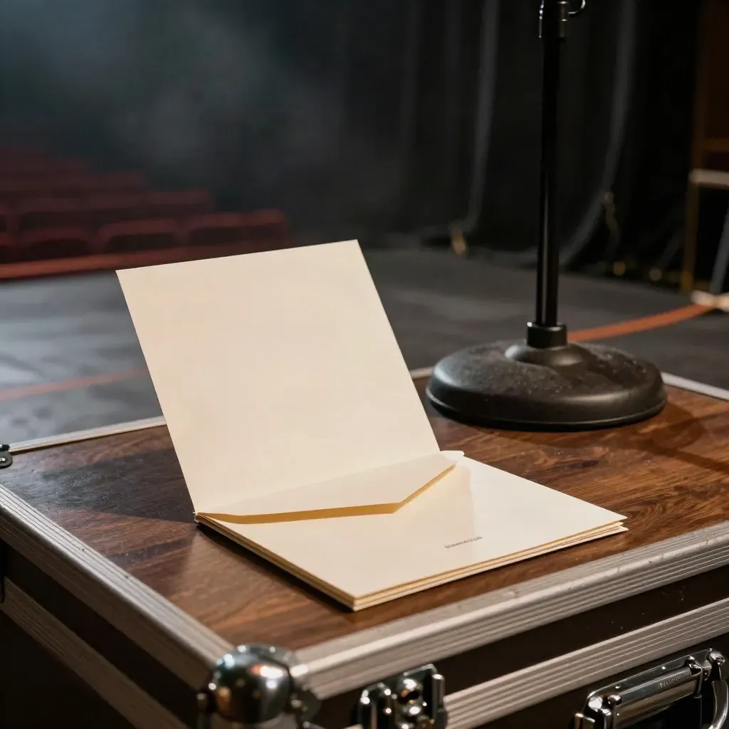 Backstage Speaker Bio Pack on a road case with booklet, envelope, and blurred mic stand base.