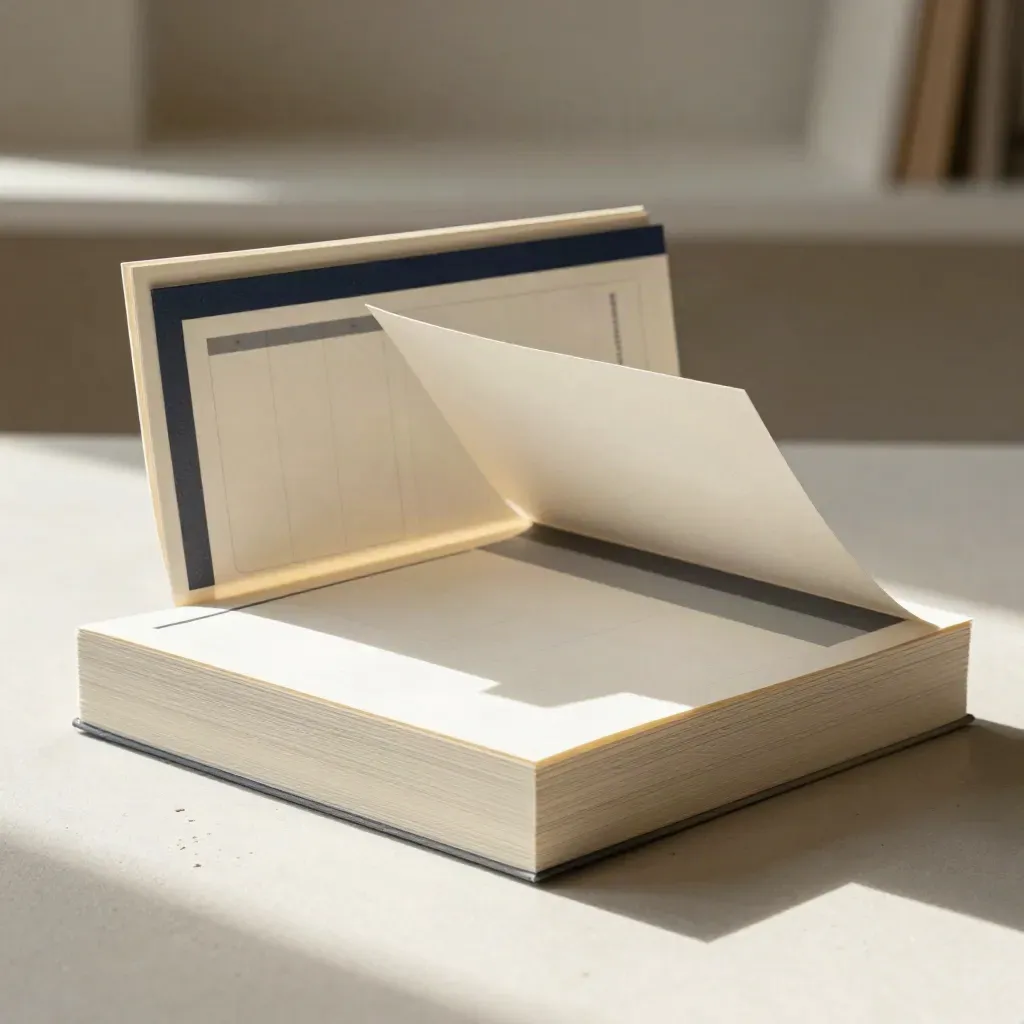 Tabbed paper layout with section dividers and a bound content map on a pale surface.