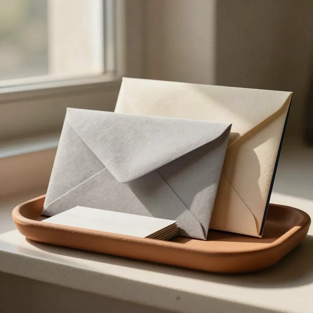 Minimal envelope formats, contact cards and routing tabs in a terracotta tray by bright window light.