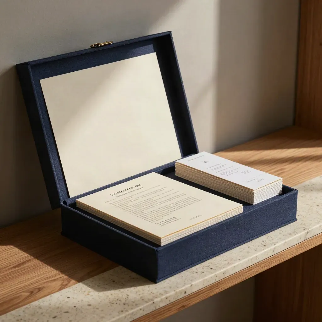 Open presentation box with bio booklet and service inserts on travertine, lit by hard upper-left light.