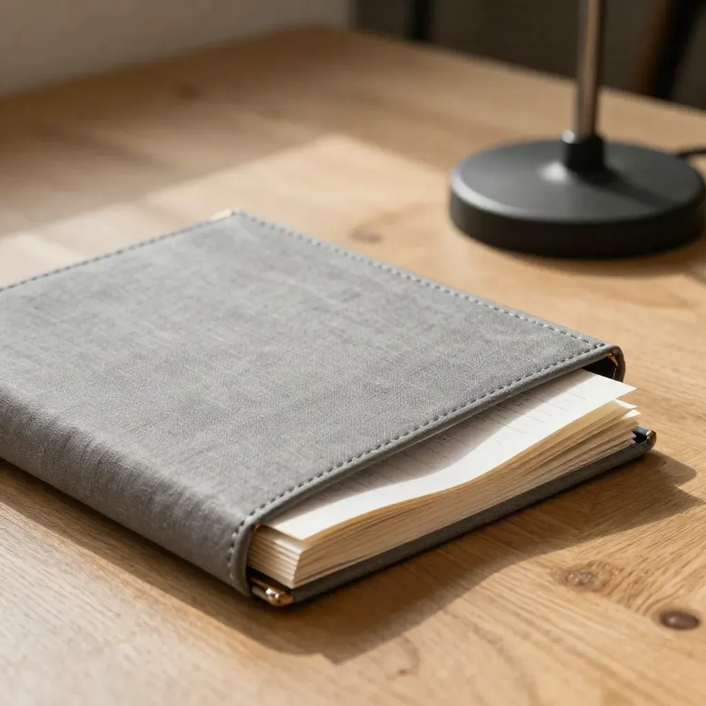 Slate event folio and microphone base on an oak floor in warm late-afternoon light.