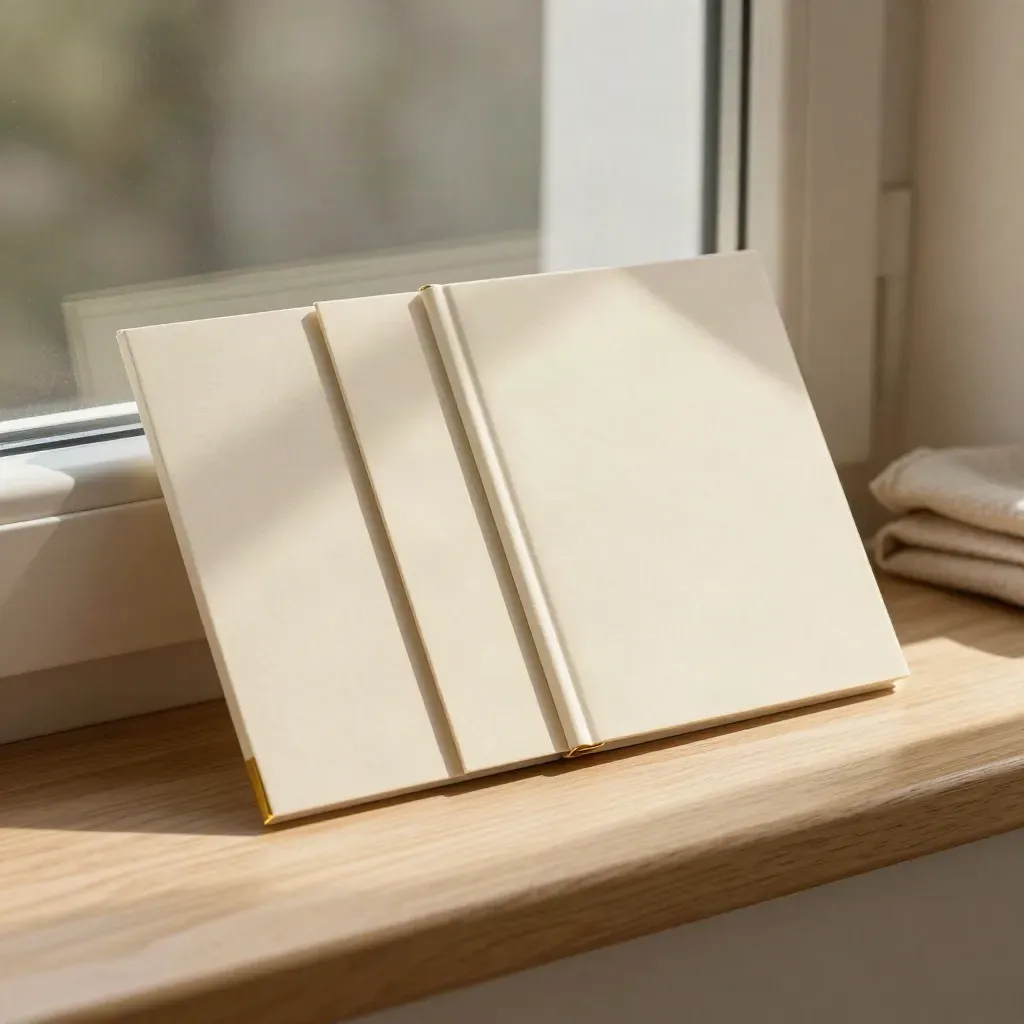 Sunlit booklet pair, profile card and archive sleeve on a pale oak ledge.