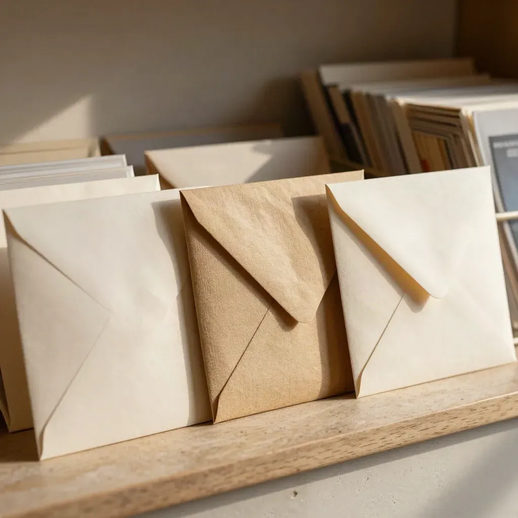Three role-specific mailer bundles on a studio shelf in warm paper tones.