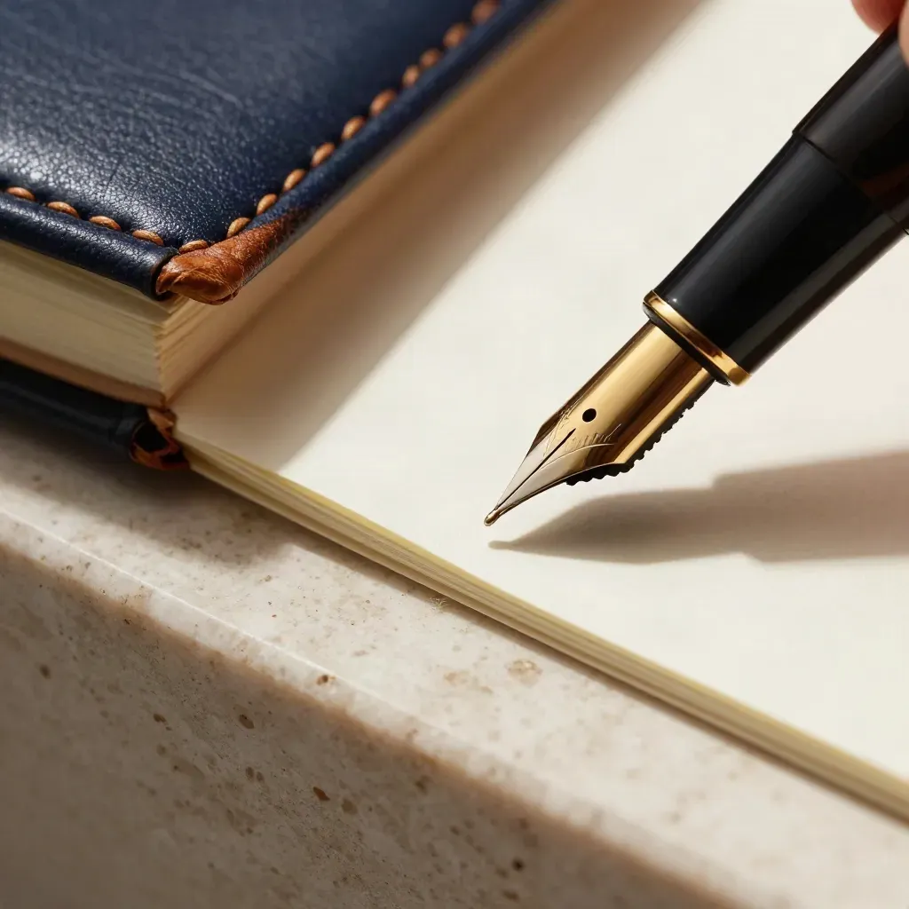 Gold-nib fountain pen touching cream paper beside a navy leather notebook on travertine.