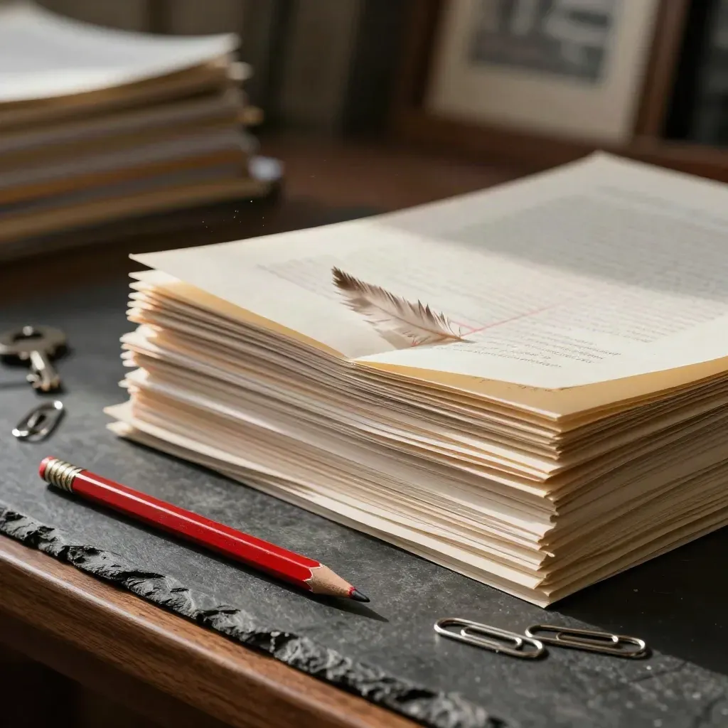 Red editing pencil, paper clips, and proof stack on a slate proofreading table in dramatic light