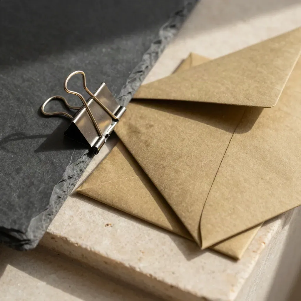 Brushed binder clip on slate portfolio spine and textured envelope flap in hard sidelight.