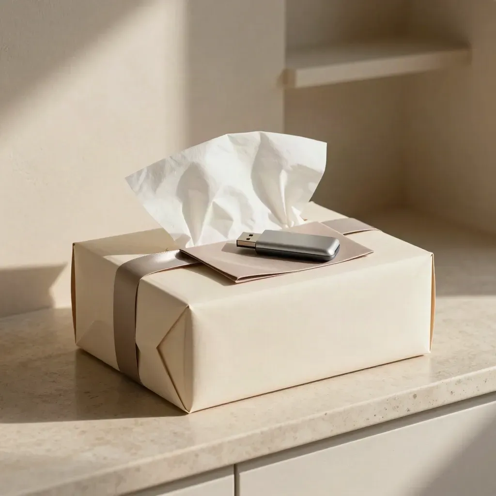Archival box, tissue wrap, ribbon sleeve and USB drive on a plaster ledge in soft editorial light.