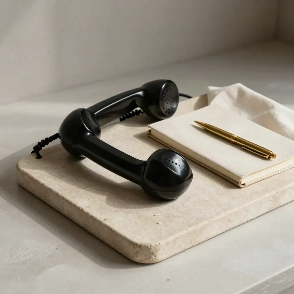 Classic handset, linen notebook and brass pen on a stone tray in soft daylight.