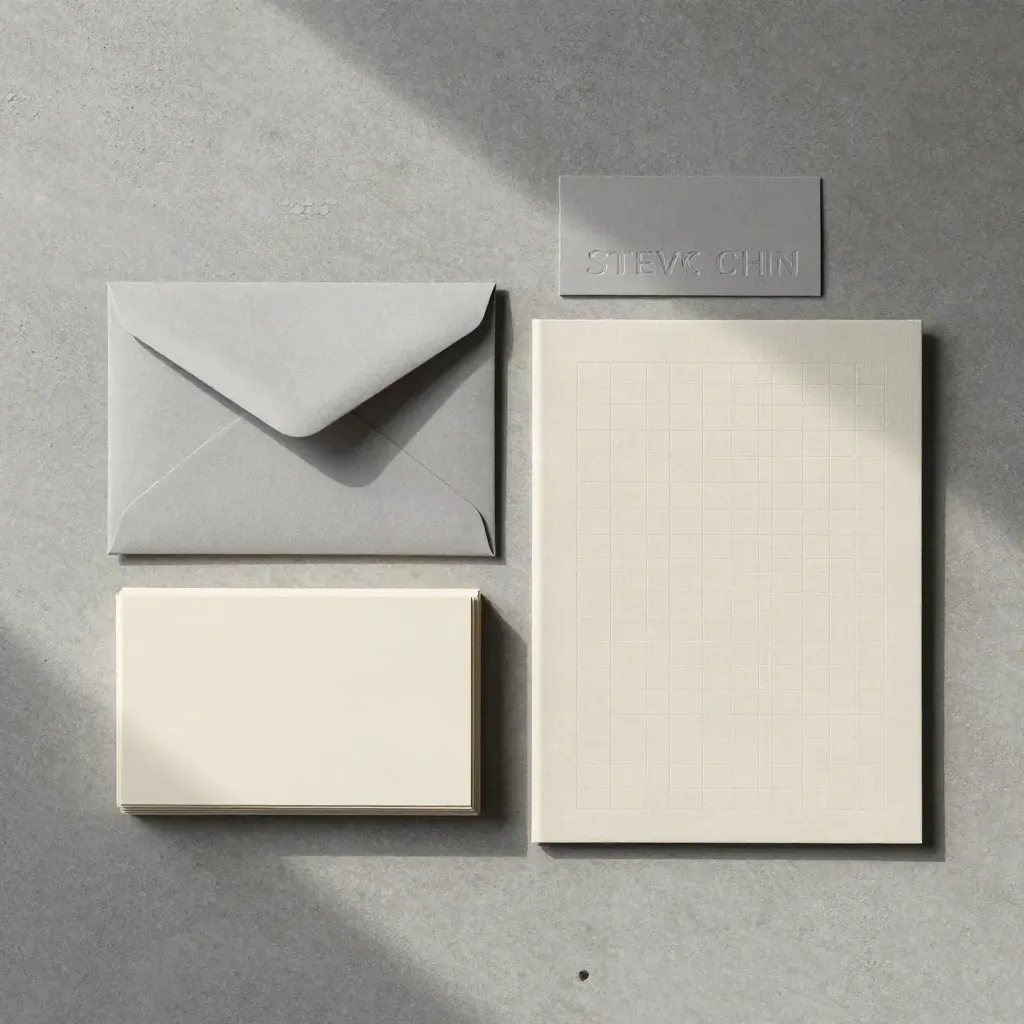Overhead flatlay of a linen file wallet, folder, envelope and card stack on concrete.