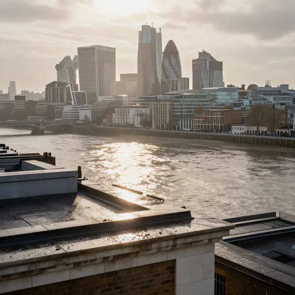 Blue-hour London skyline over the Thames with wet rooftop stone and mist