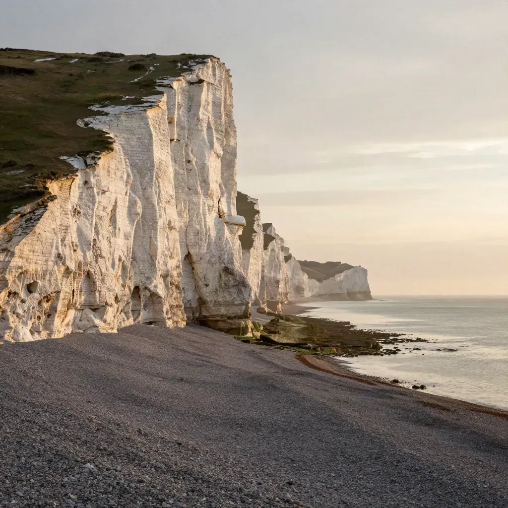 Dawn chalk cliffs above a misty pale shingle coast and wide sea horizon in South East England.