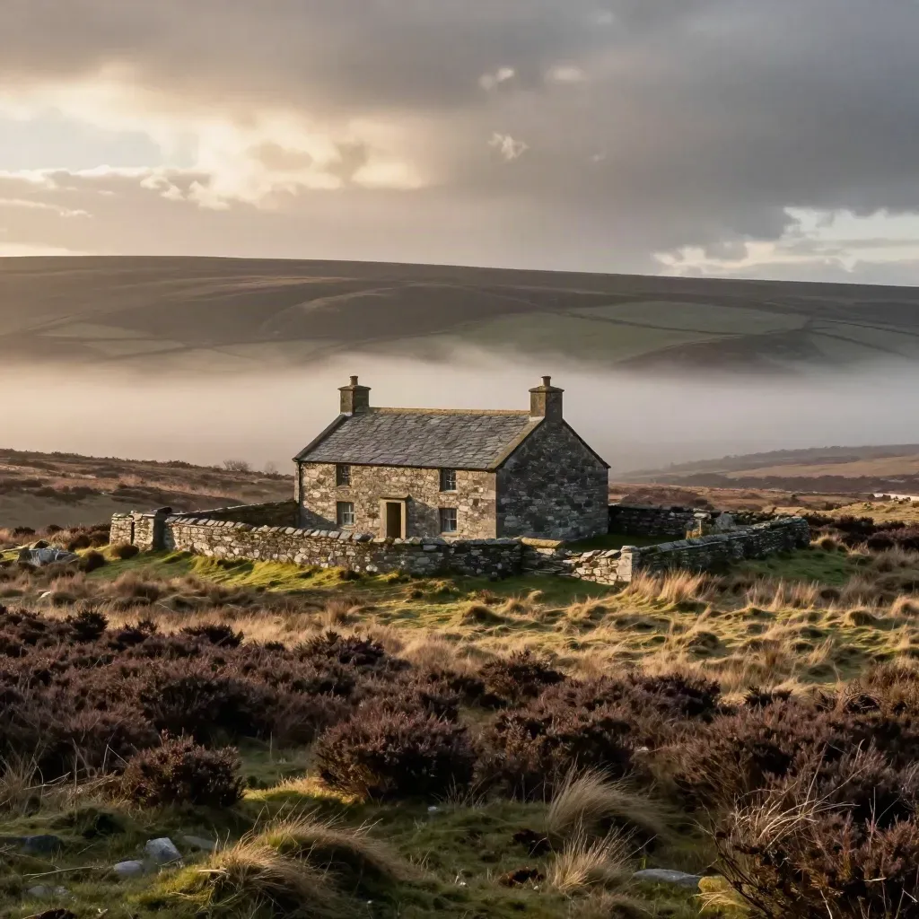 Stone farmhouse on a windy golden moor with layered hills and open misty foreground