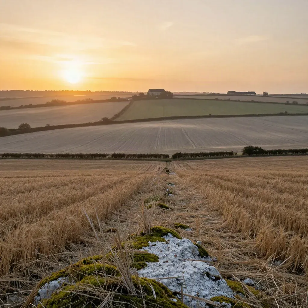 Hazy UK countryside with fields, hedgerows and distant roofs under sunset light