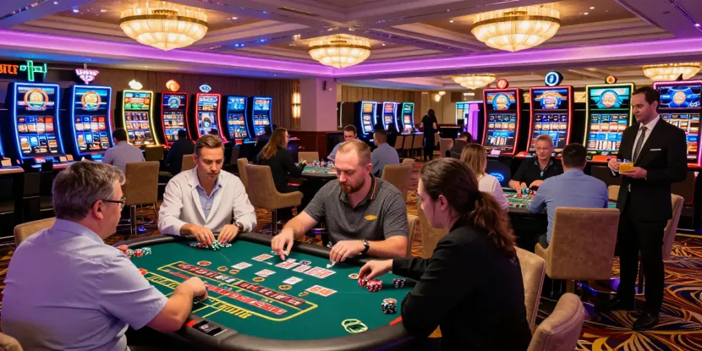 Exciting casino scene showcasing vibrant players enjoying casino not on gamstop games like blackjack and roulette.