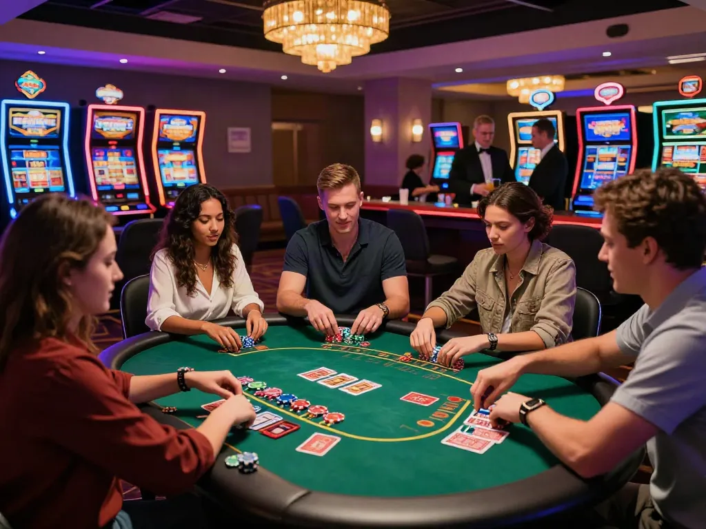 Thrilling scene at a vibrant casino not on GamStop with diverse players enjoying table games.