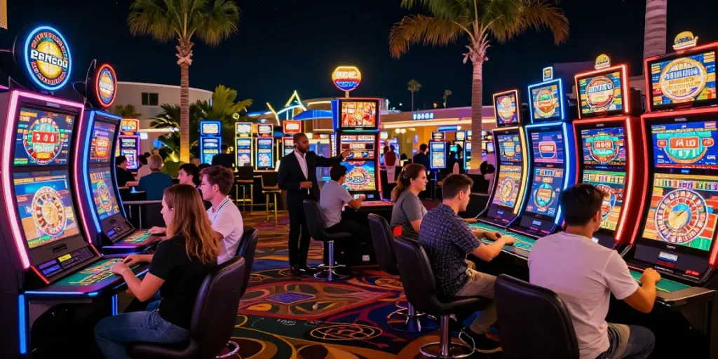 Players enjoying games at a lively casino not on Gamstop, with vibrant ambiance and engaging atmosphere.