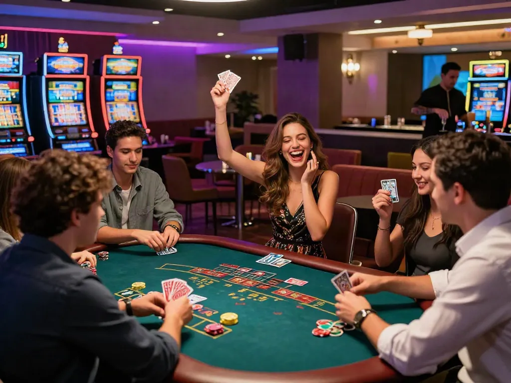Exciting scene at a casino not on Gamstop with players celebrating wins at various tables.