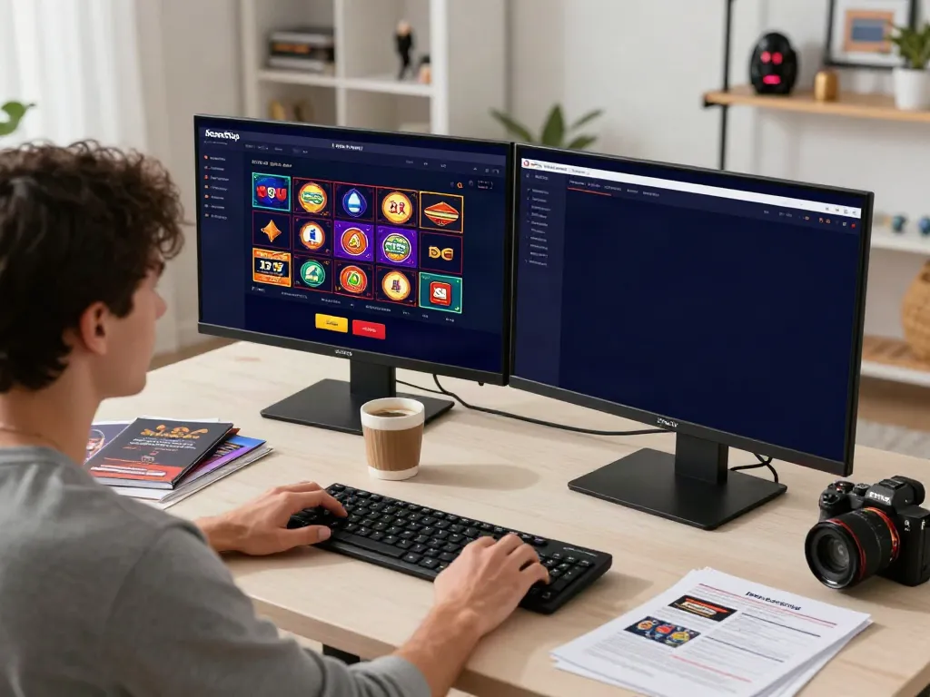 Gamer exploring casino not on GamStop options on dual monitors during home gaming session.