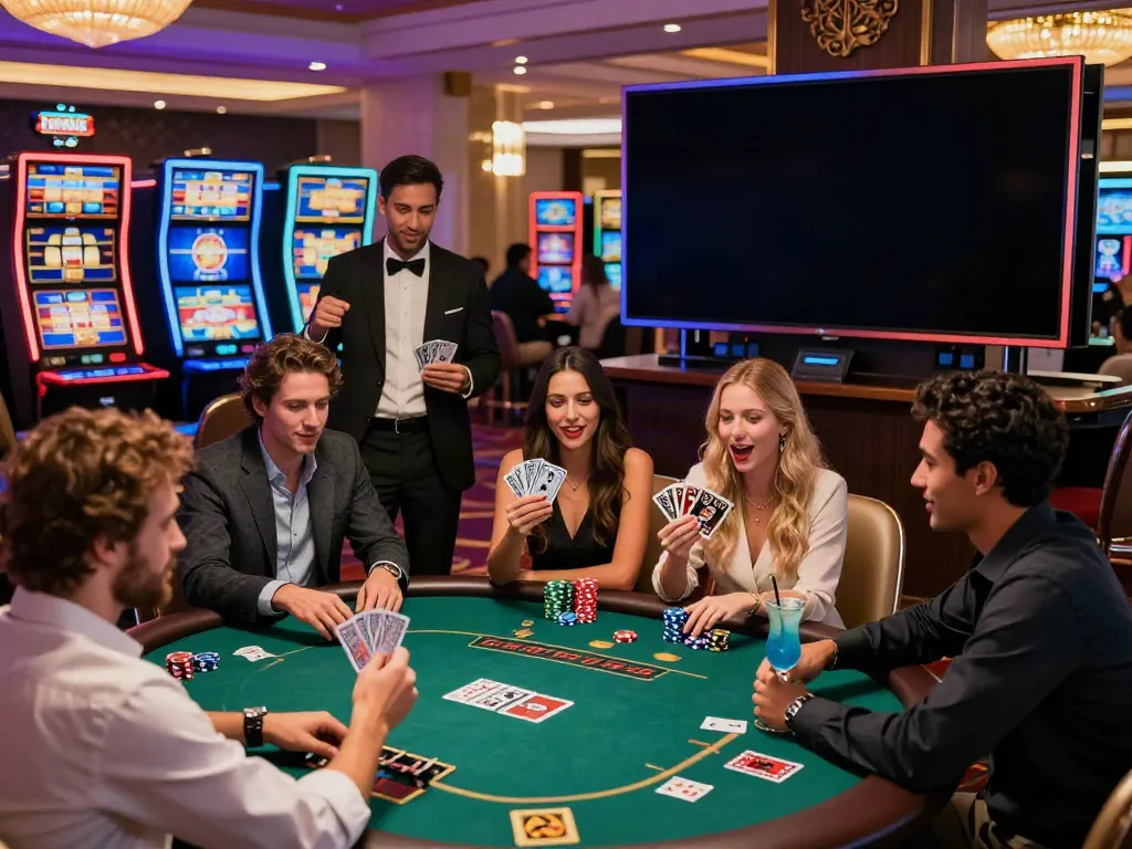 Friends celebrating at a casino not on Gamstop, enjoying games and cocktails in a vibrant atmosphere.