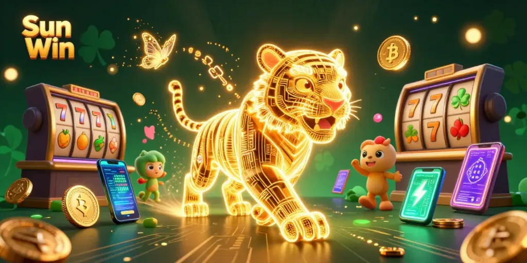 Experience thrilling action with Sun Win in a vibrant digital casino scene featuring a golden tiger and slot symbols.