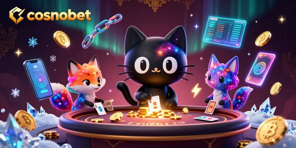 Experience cosmobet's captivating casino world with vibrant 3D illustrations and crypto elements.