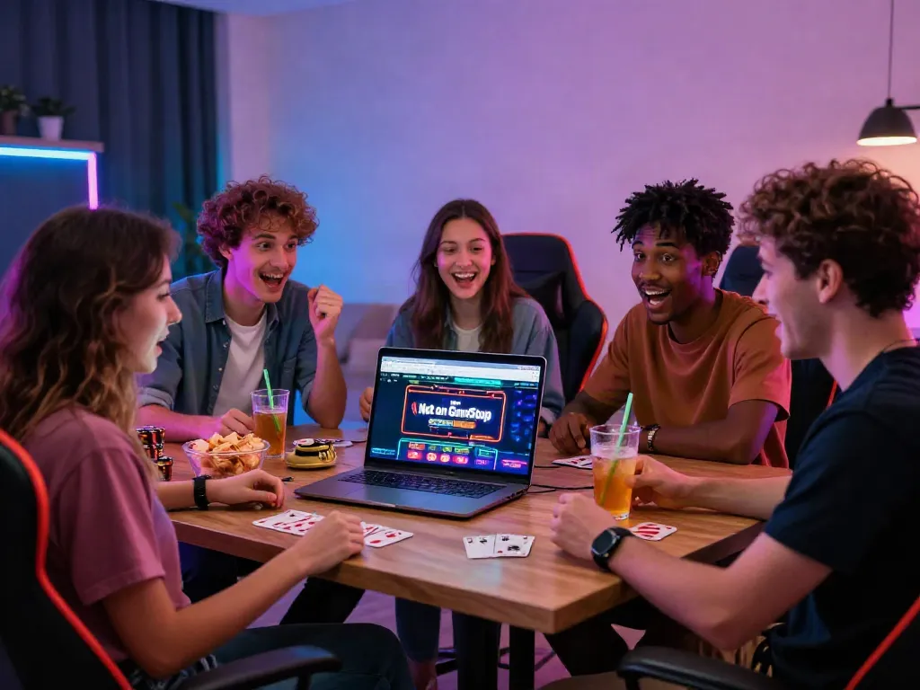 Friends enjoying gaming at a casino not on GamStop with excitement and colorful lights.