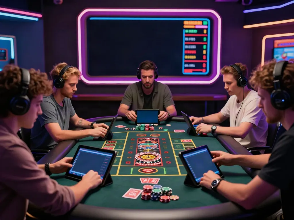 Exciting online gaming with players at a casino not on gamstop table, vibrant atmosphere highlighting the digital experience.
