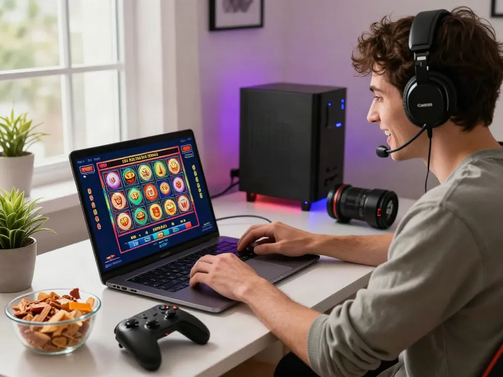 Exciting online gaming atmosphere with person playing casino not on gamstop games at stylish home setup.