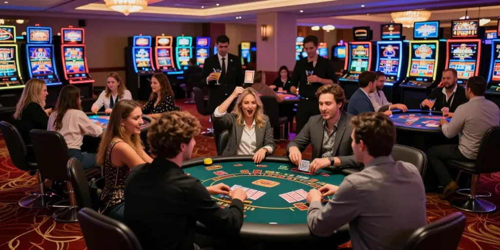 Players enjoying a thrilling experience at a casino not on Gamstop, with vibrant lights and lively atmosphere.