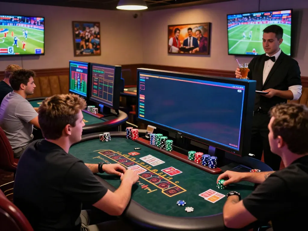 Players enjoying casino games not on Gamstop in lively atmosphere with neon lights.