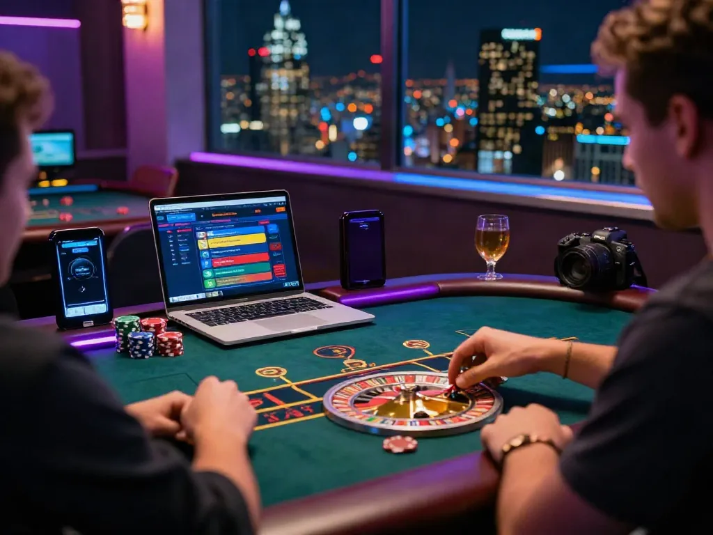 Engaging player at an online casino not on Gamstop with colorful setup.