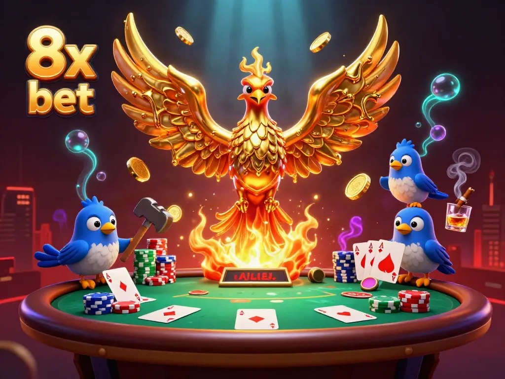 Experience high-stakes gaming with 8x bet as a molten golden phoenix rises amidst poker chips and cards.