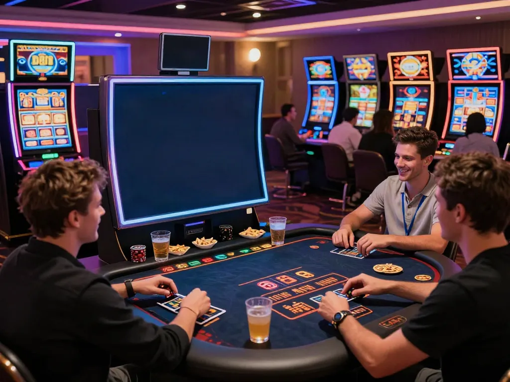 Exciting gathering at a casino not on Gamstop, with friends enjoying games.