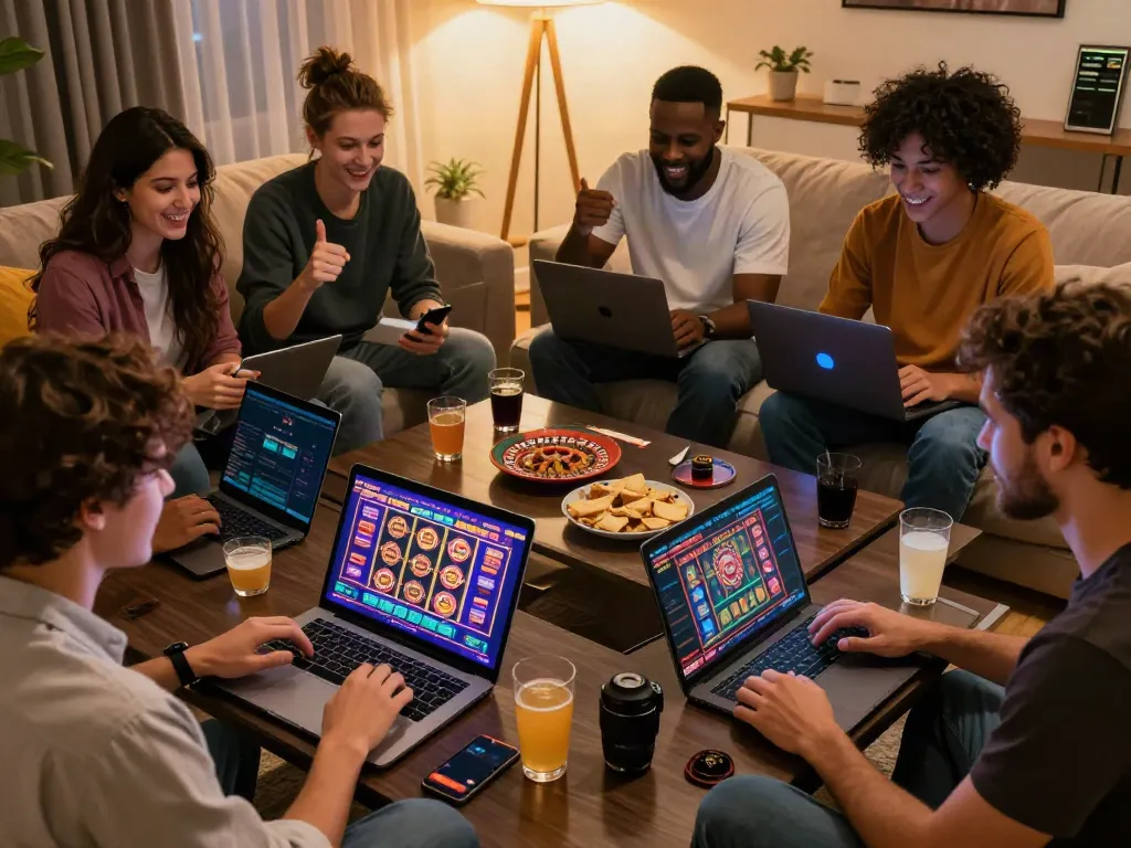 The scene illustrates friends enjoying exciting games at a casino not on GamStop, creating a joyful atmosphere of online gambling.