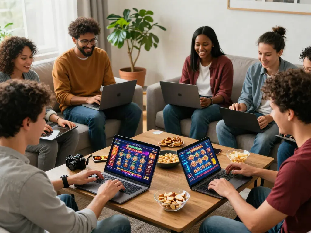 Group enjoying online games at a casino not on GamStop in a cozy living room.