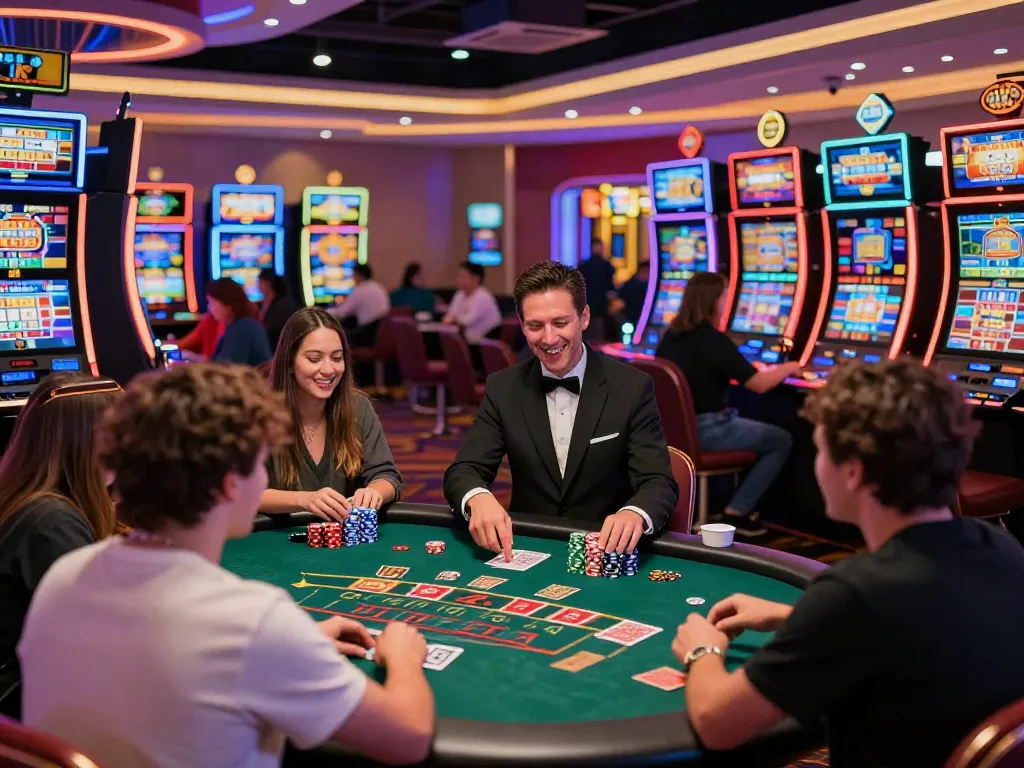 Casino not on GamStop with lively gaming floor, players at slots and dealer engagement.