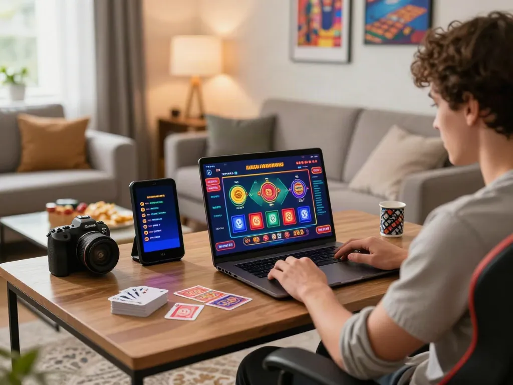 Individual experiencing an engaging online experience at a casino not on gamstop in a cozy living room setting.