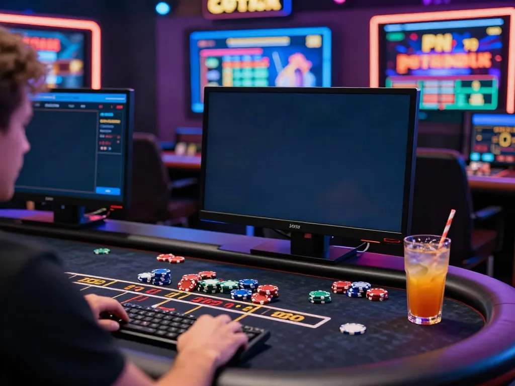 Casino not on Gamstop: Engaged player at a digital gaming table with vibrant neon lights and high-definition screens.