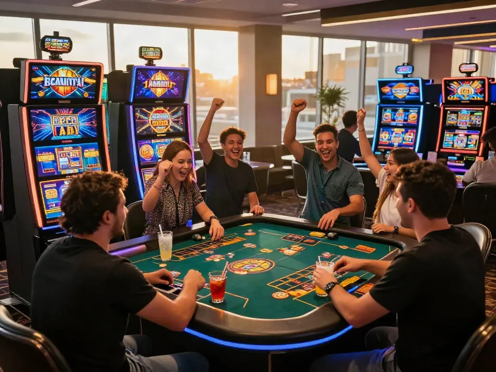 Casino not on GamStop atmosphere with diverse players enjoying games and celebrating wins.