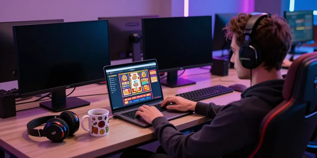 Engaging gaming experience at casino not on GamStop with vibrant laptop screen and cozy setup