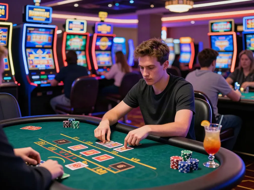 Player at a casino not on GamStop immersed in intense gameplay with vibrant slot machines in the background