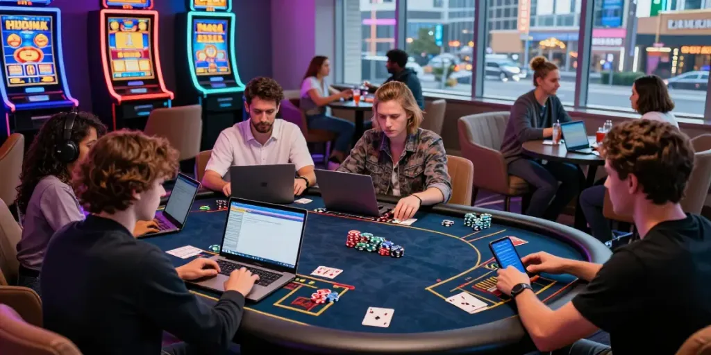 Players enjoying a lively casino atmosphere not on Gamstop with vibrant lighting and gaming devices.