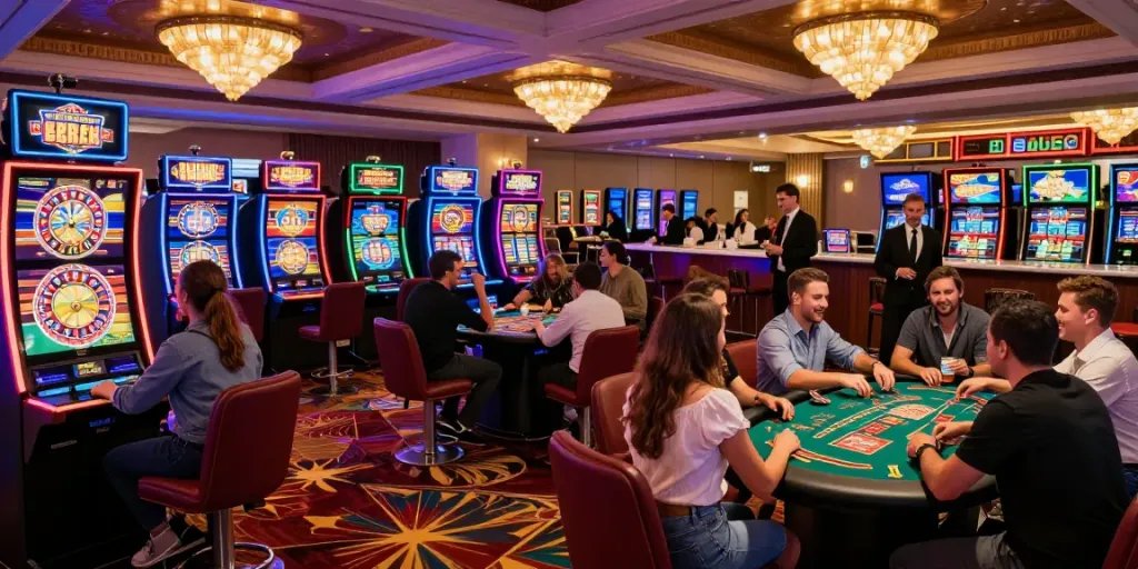 Casino not on GamStop players enjoying a vibrant gaming experience with slot machines and tables in a luxurious setting.