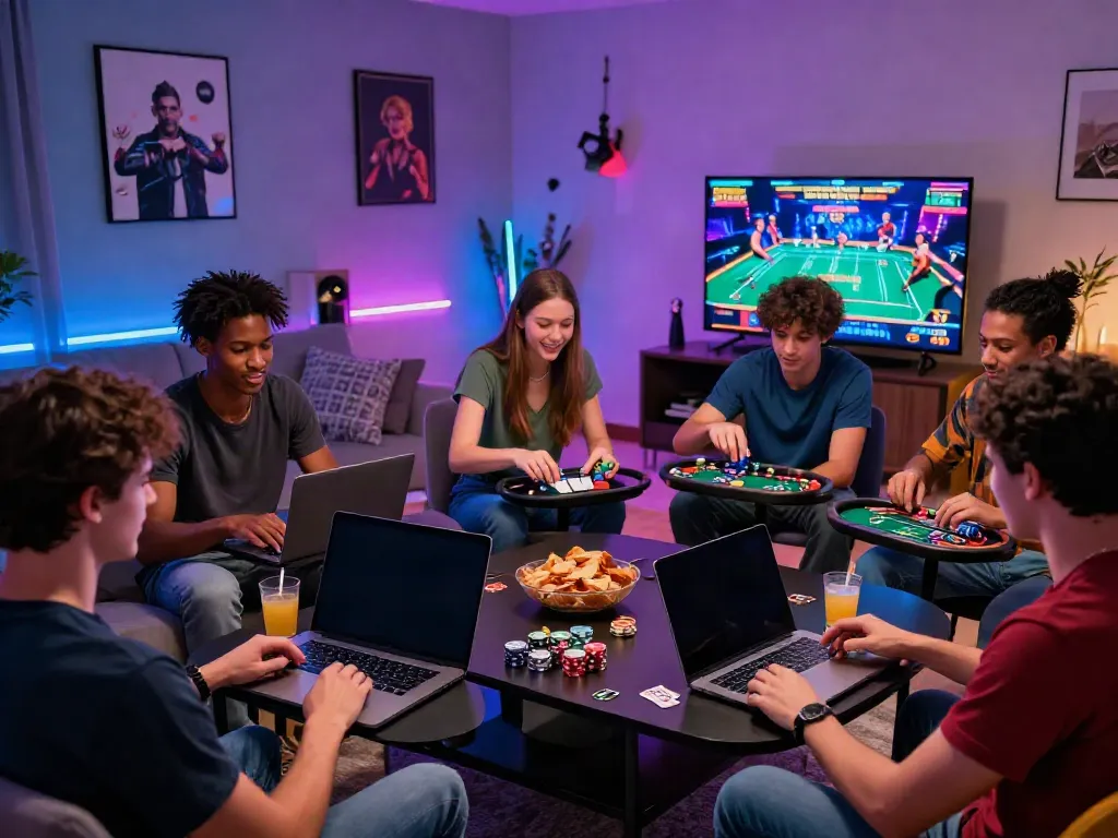 Dynamic scene of a lively online casino gathering showcasing friends enjoying games not on GamStop.