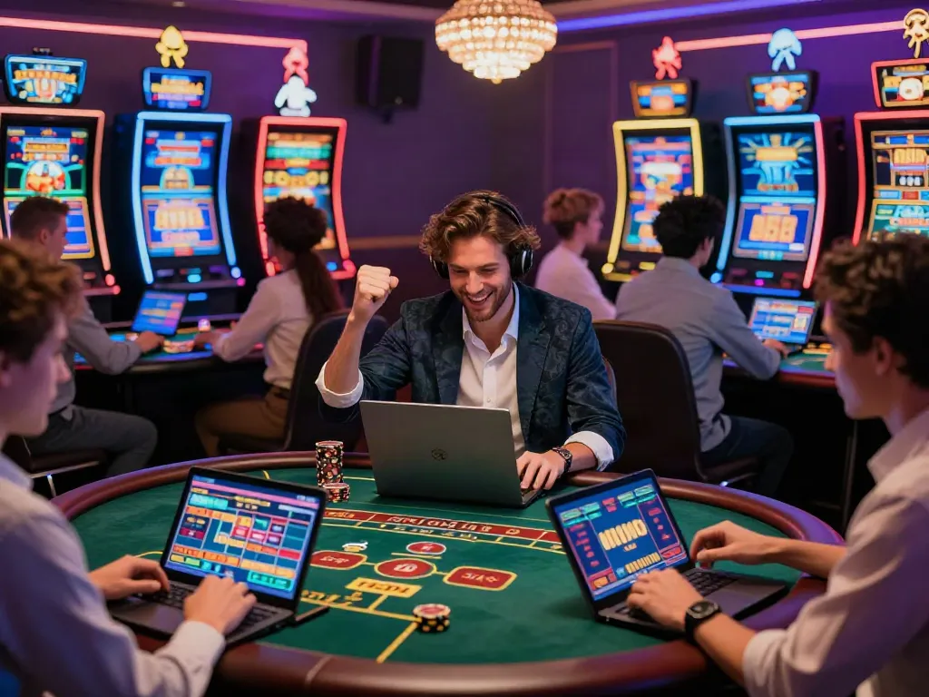 Excited players engaging with casino not on GamStop games in a vibrant digital setting.