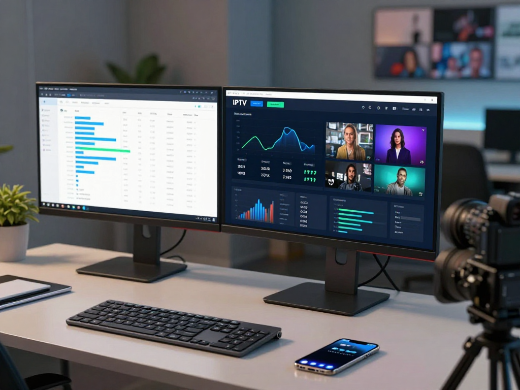 IPTV reseller dashboard analytics in a modern tech setup, featuring advanced software and cloud technology.