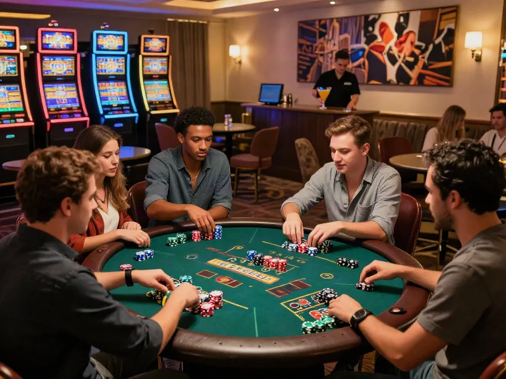 Group of friends enjoying fun at a casino not on gamstop, vibrant setting with gaming tables.