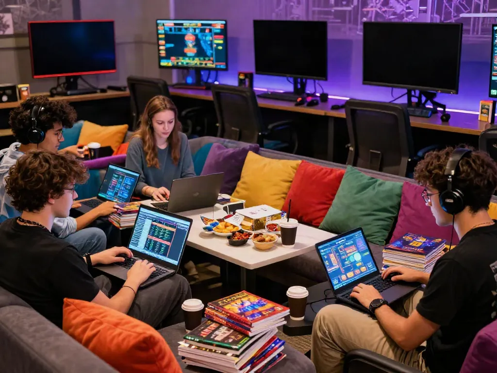 Engaging scene showing diverse players at a casino not on Gamstop, enjoying games and snacks in a vibrant online gaming space.